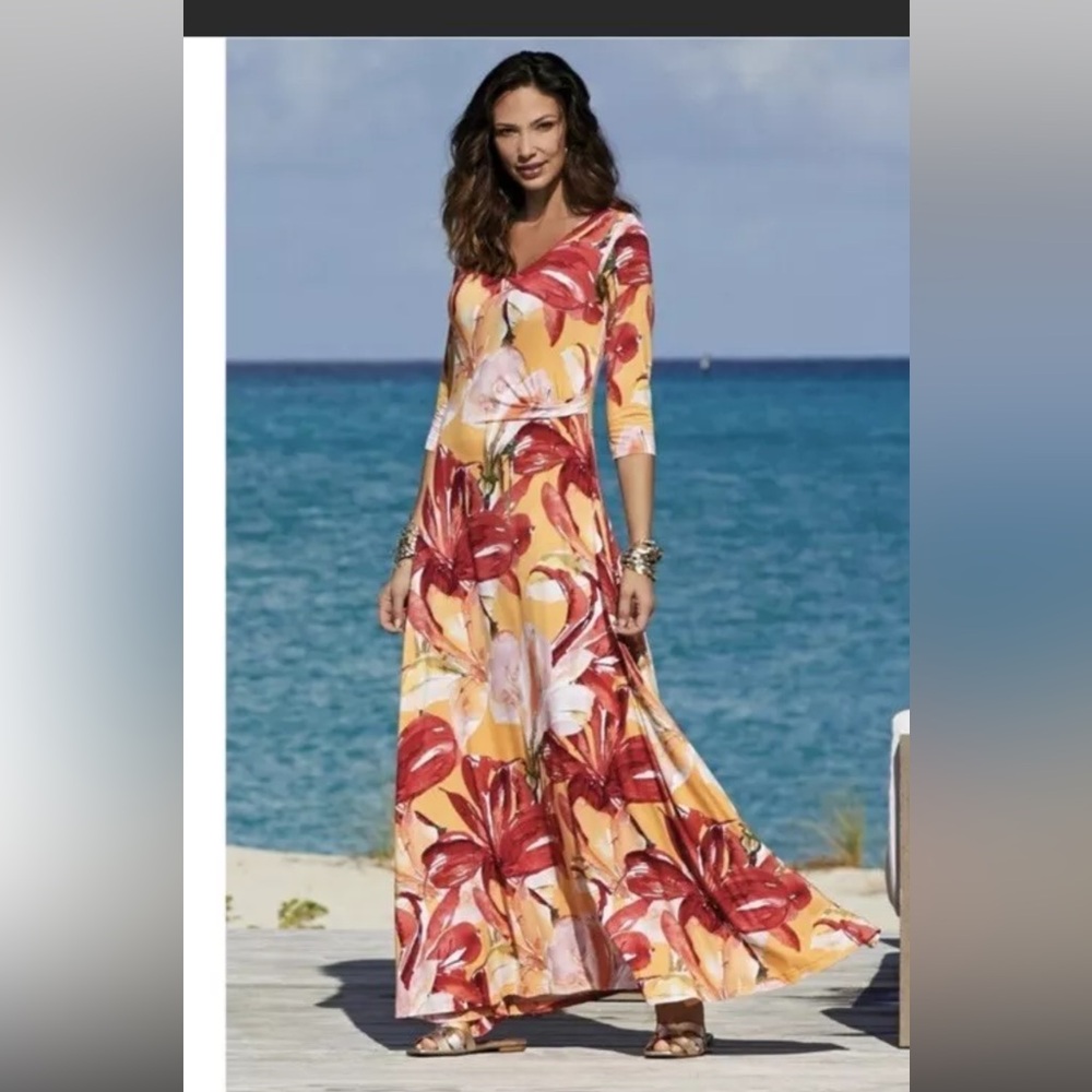 Soft Surroundings Elia Maxi Dress 3/4 Sleeve Floral Stretch